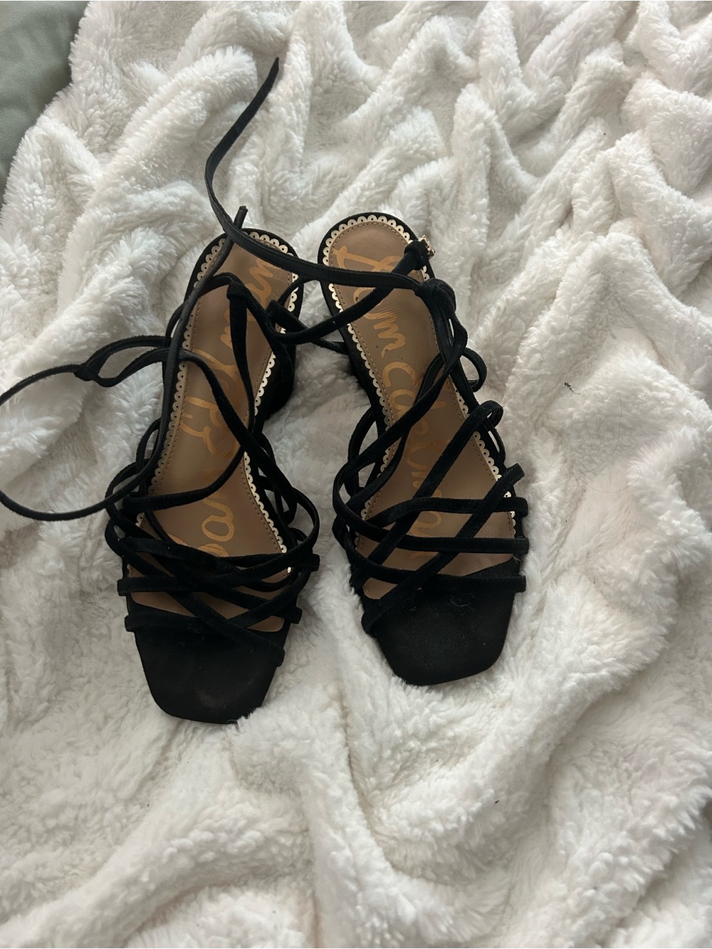 Sam Edelman Black Strappy Lace-Up Sandals with Square Toe